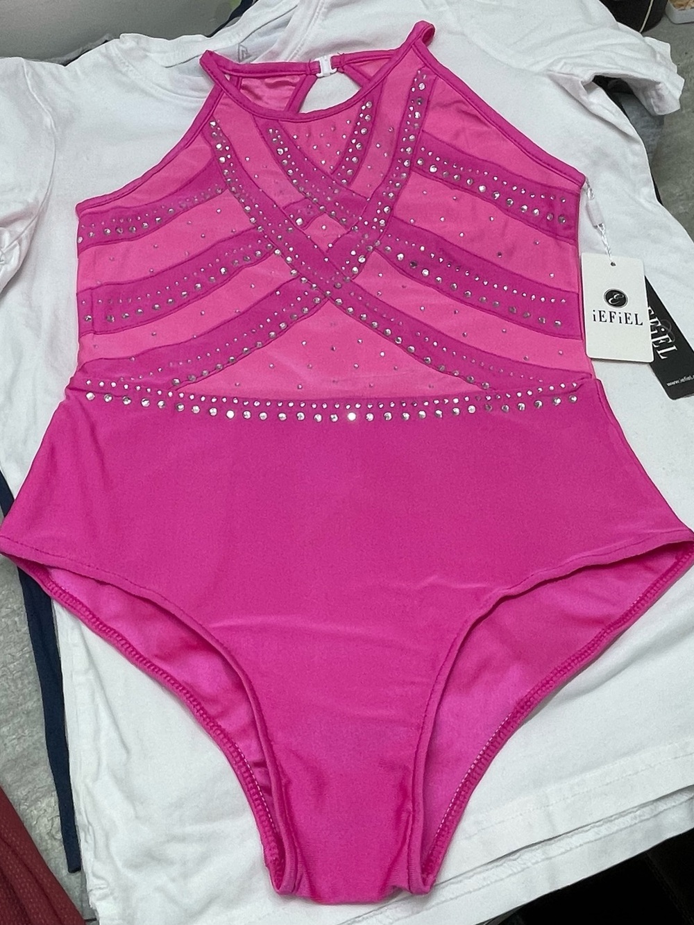 iEFIEL‎ Rhinestone Mesh Performance Leotard Girls Pink NWT Halter Bodysuit
